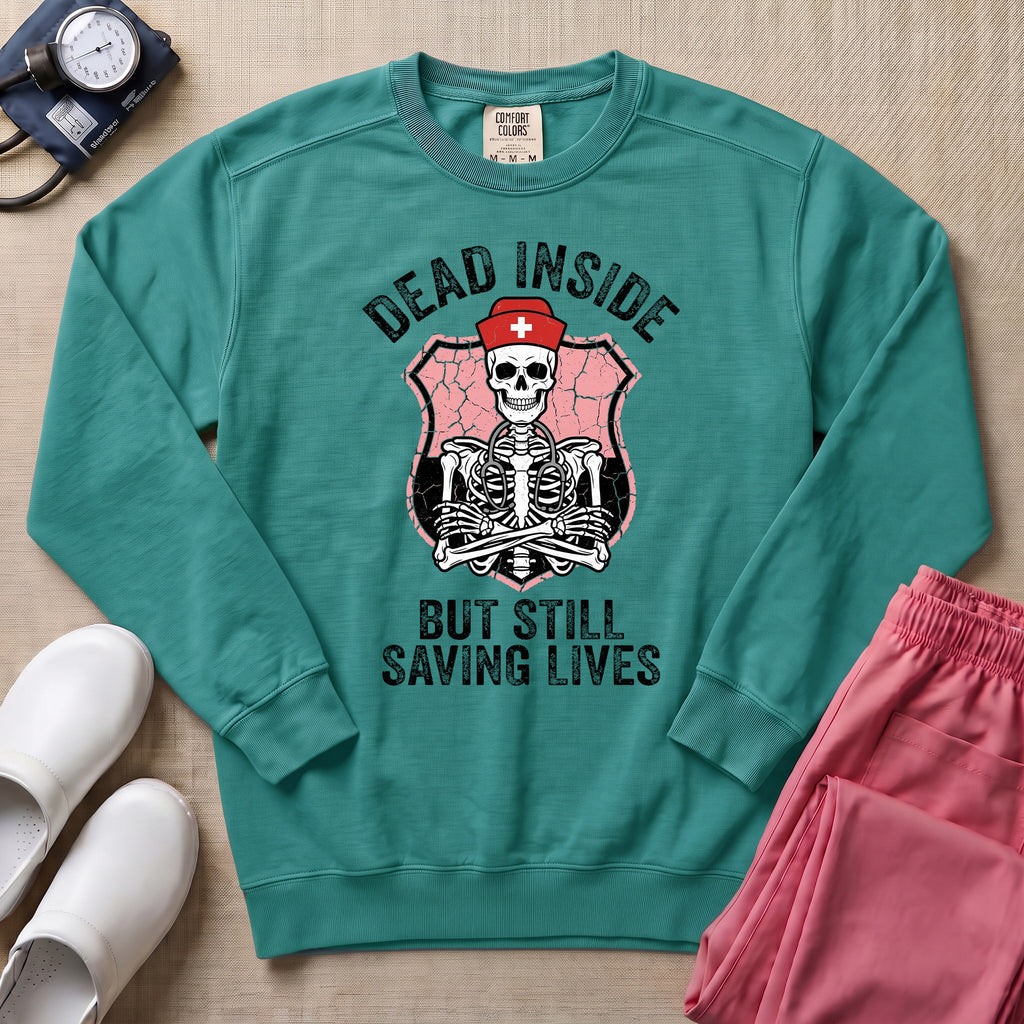 Funny Dead Inside Skeleton Nurse Sweatshirt - Seafoam Comfort Colors Sweatshirt | HugTee