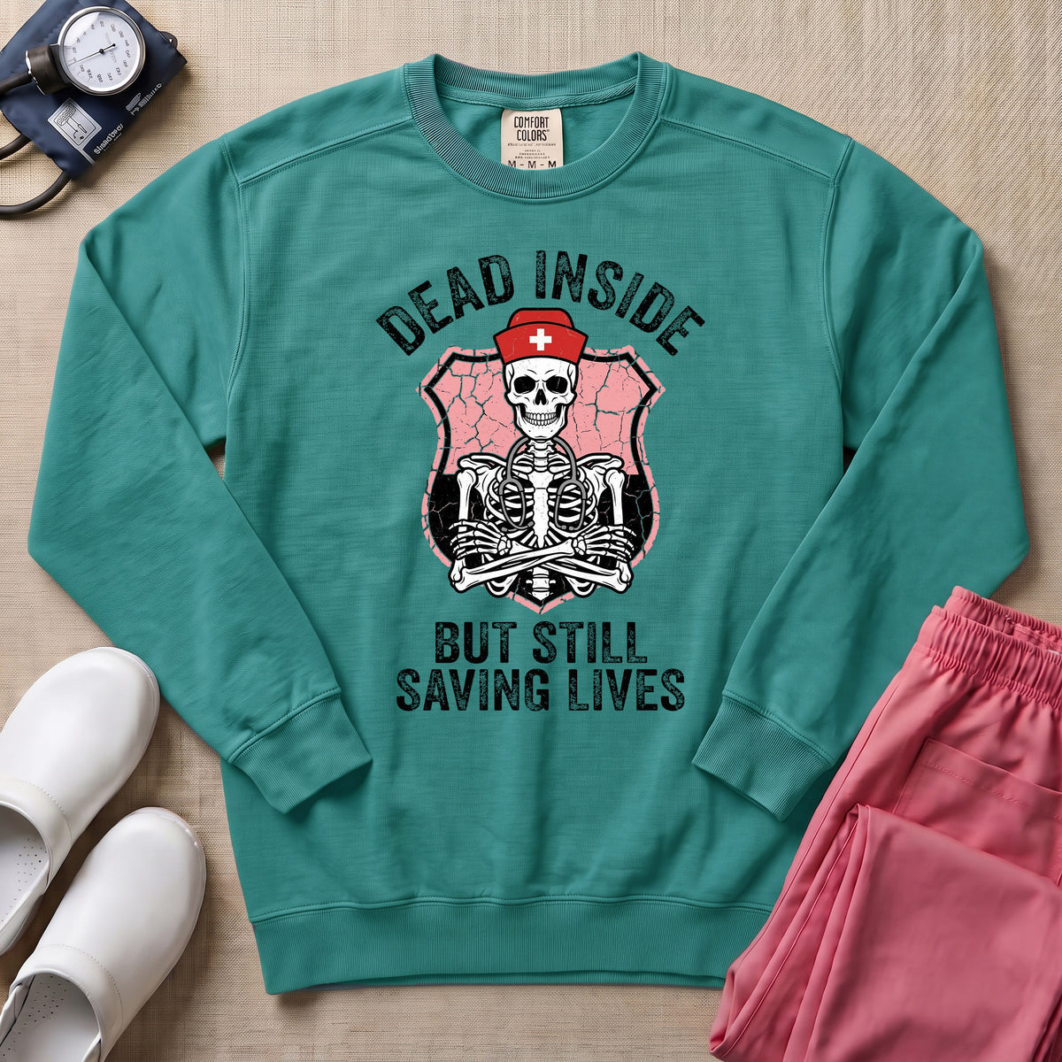 Funny Dead Inside Skeleton Nurse Sweatshirt - Seafoam Comfort Colors Sweatshirt | HugTee
