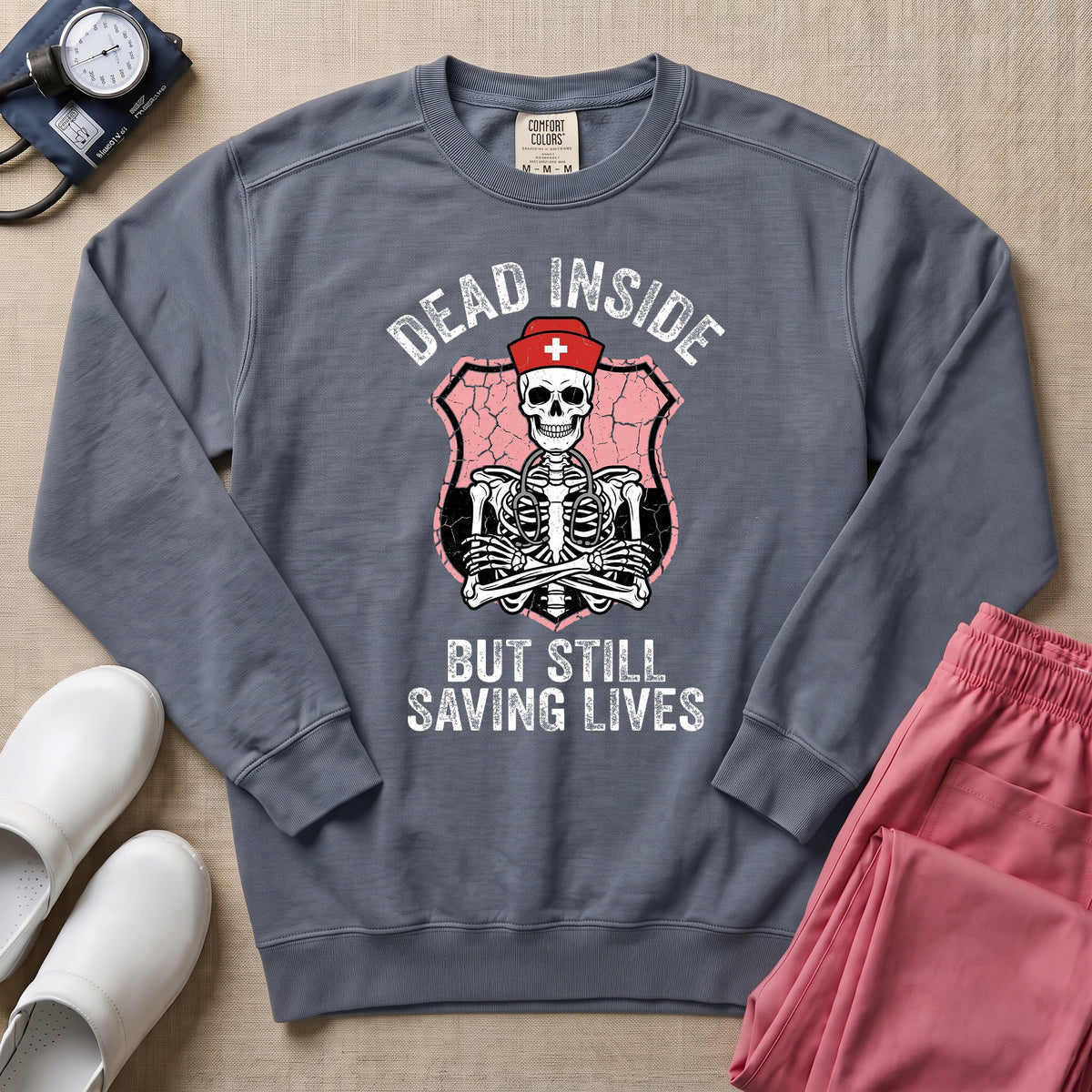 Funny Dead Inside Skeleton Nurse Sweatshirt - Blue Jean Comfort Colors Sweatshirt | HugTee
