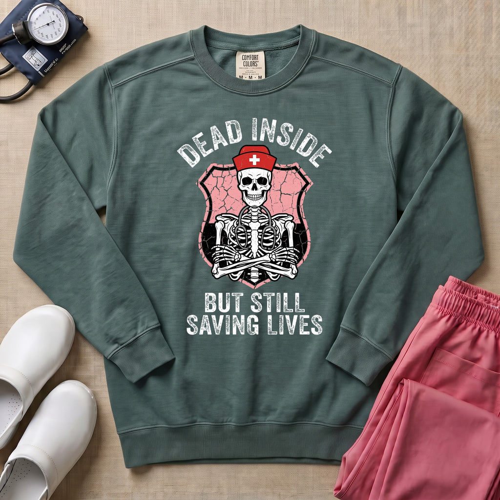 Funny Dead Inside Skeleton Nurse Sweatshirt - Blue Spruce Comfort Colors Sweatshirt | HugTee