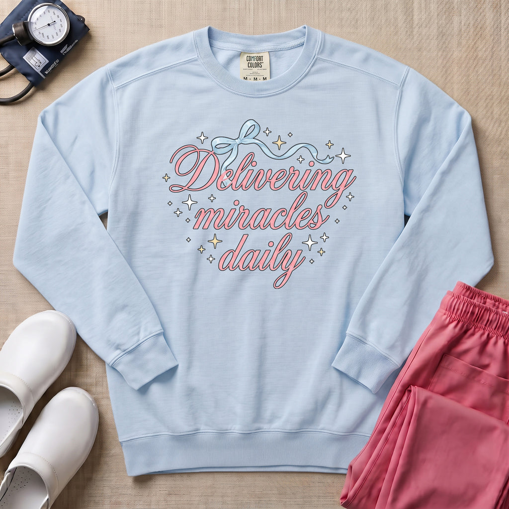 Delivering Miracles Daily L&D and NICU Nurse Sweatshirt - Chambray Comfort Colors Sweatshirt | HugTee