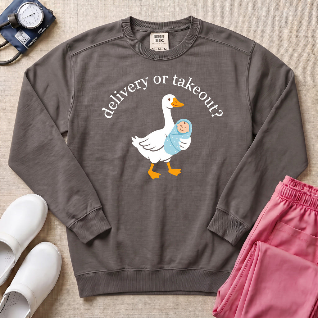 Delivery Or Takeout Funny L&D Nurse Sweatshirt - Pepper Lifestyle Hero Mockup | HugTee