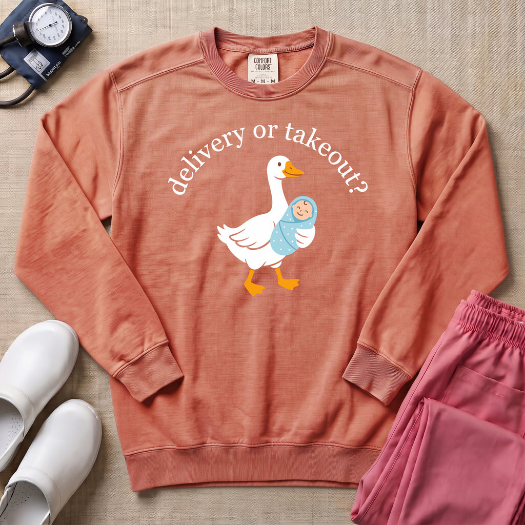 Delivery Or Takeout Funny L&D Nurse Sweatshirt - Terracotta Comfort Colors Sweatshirt | HugTee