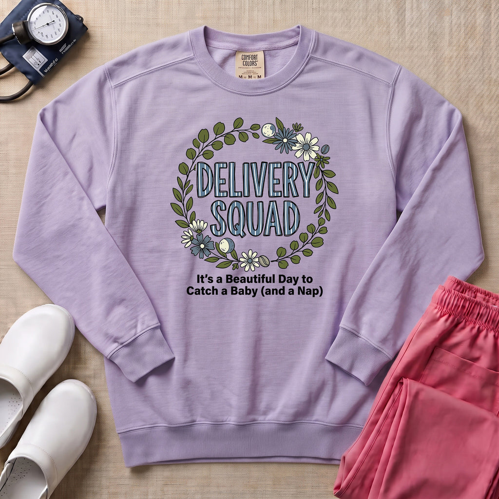 Funny Floral Delivery Squad L&D Nurse Sweatshirt - Orchid Comfort Colors Sweatshirt | HugTee