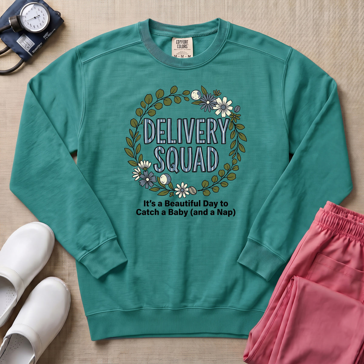 Funny Floral Delivery Squad L&D Nurse Sweatshirt - Seafoam Comfort Colors Sweatshirt | HugTee