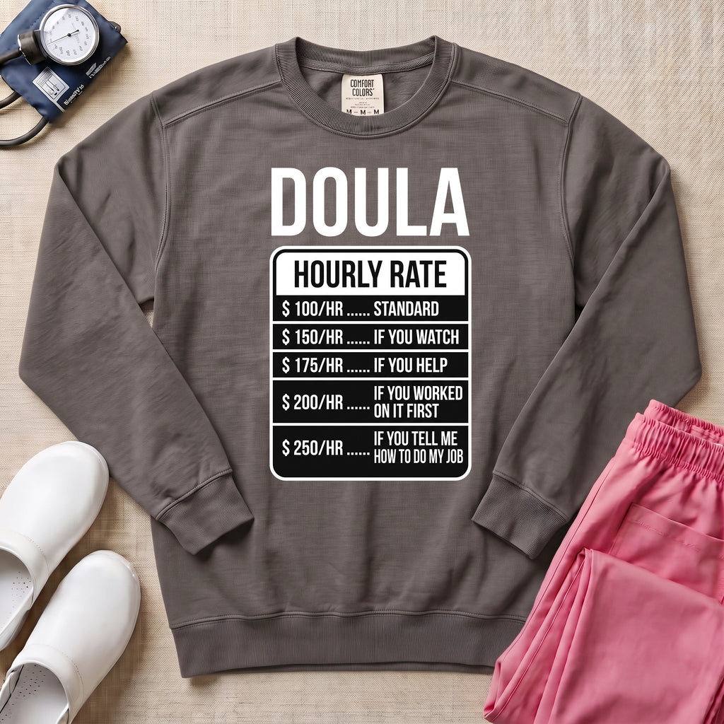 Funny Doula Hourly Rate Price Chart Labor Support Sweatshirt - Pepper Lifestyle Hero Mockup | HugTee