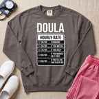 Funny Doula Hourly Rate Price Chart Labor Support Sweatshirt - Pepper Lifestyle Hero Mockup | HugTee