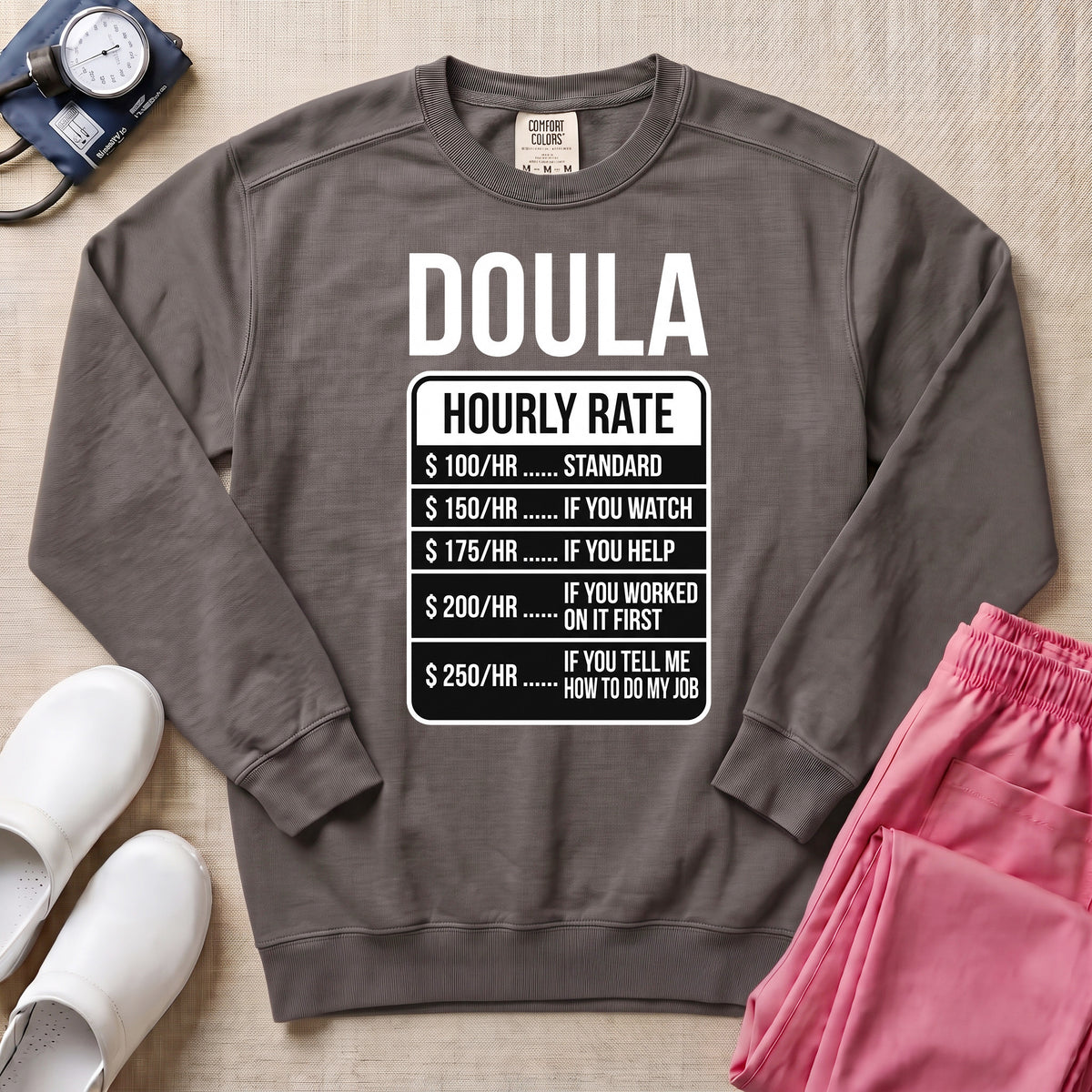 Funny Doula Hourly Rate Price Chart Labor Support Sweatshirt - Pepper Lifestyle Hero Mockup | HugTee