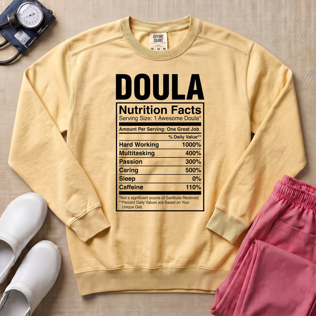 Funny Doula Nutrition Facts Birth Worker Sweatshirt - Butter Comfort Colors Sweatshirt | HugTee