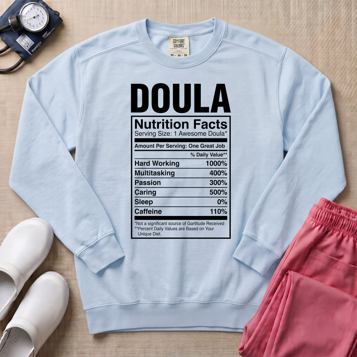 Funny Doula Nutrition Facts Birth Worker Sweatshirt - Chambray Comfort Colors Sweatshirt | HugTee