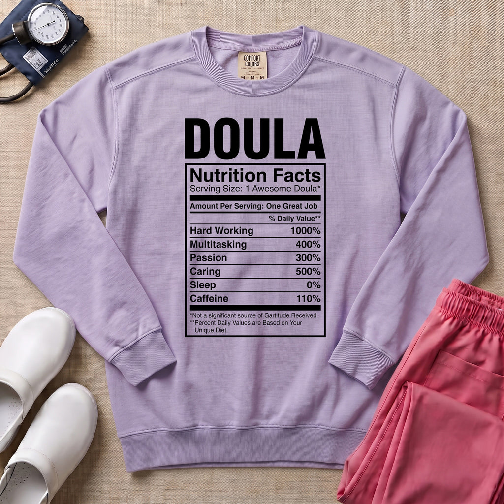 Funny Doula Nutrition Facts Birth Worker Sweatshirt - Orchid Comfort Colors Sweatshirt | HugTee