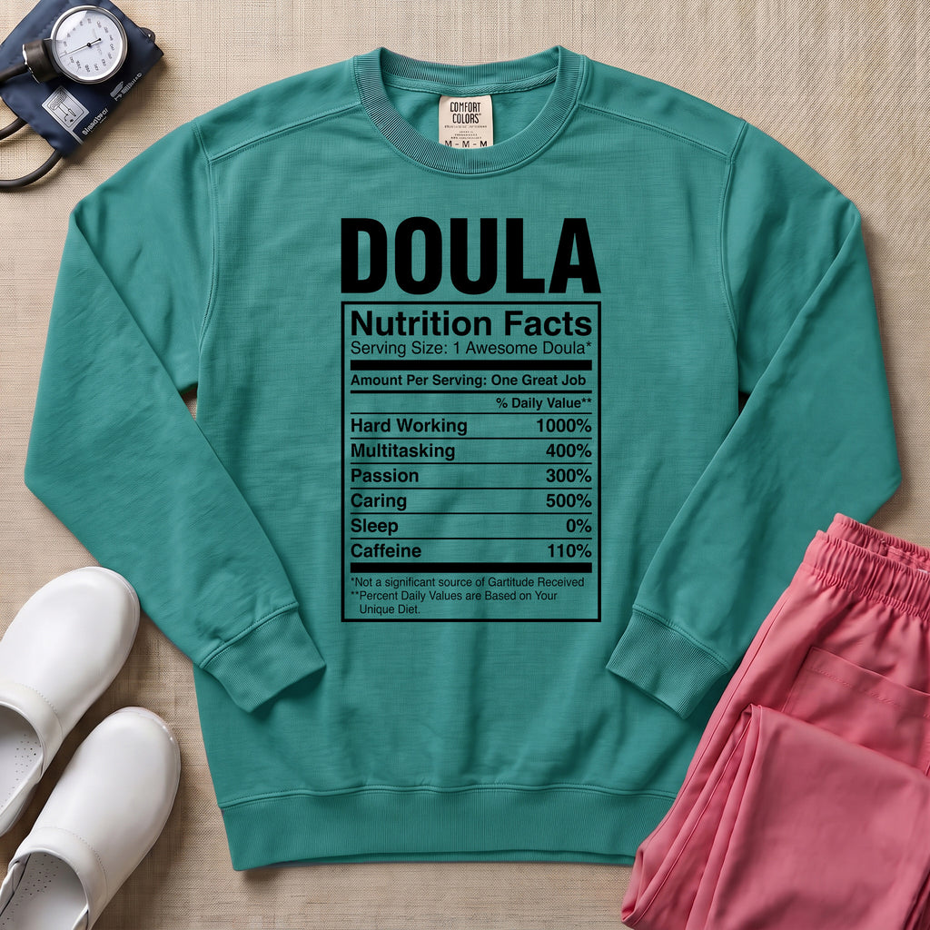 Funny Doula Nutrition Facts Birth Worker Sweatshirt - Seafoam Comfort Colors Sweatshirt | HugTee