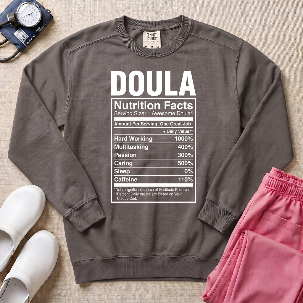 Funny Doula Nutrition Facts Birth Worker Sweatshirt - Pepper Lifestyle Hero Mockup | HugTee