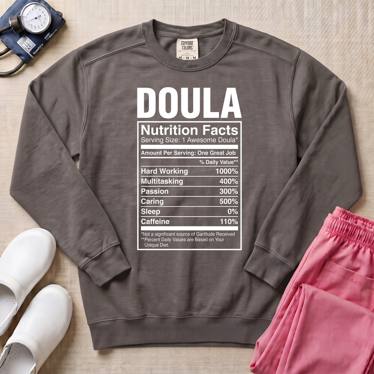 Funny Doula Nutrition Facts Birth Worker Sweatshirt - Pepper Lifestyle Hero Mockup | HugTee