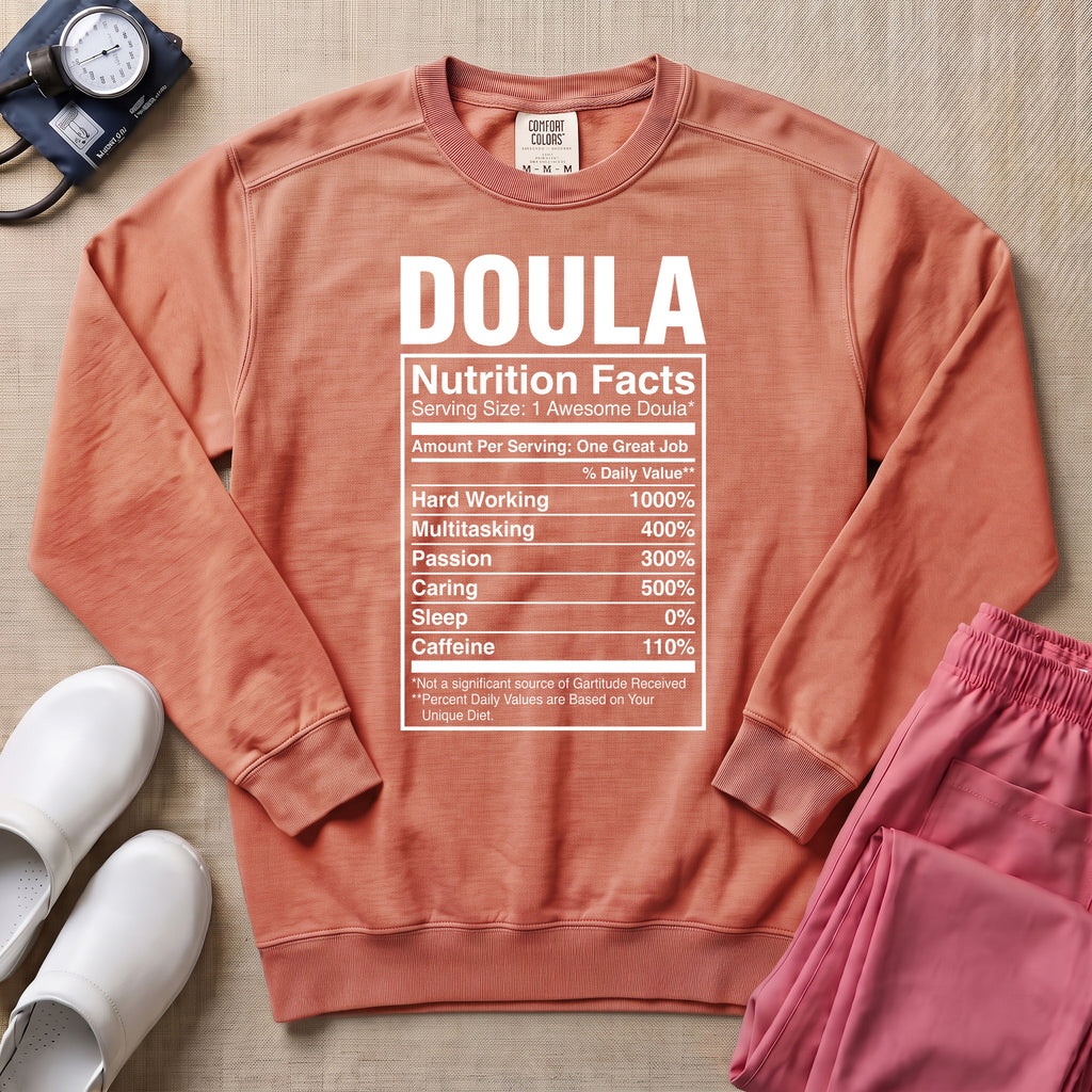 Funny Doula Nutrition Facts Birth Worker Sweatshirt - Terracotta Comfort Colors Sweatshirt | HugTee