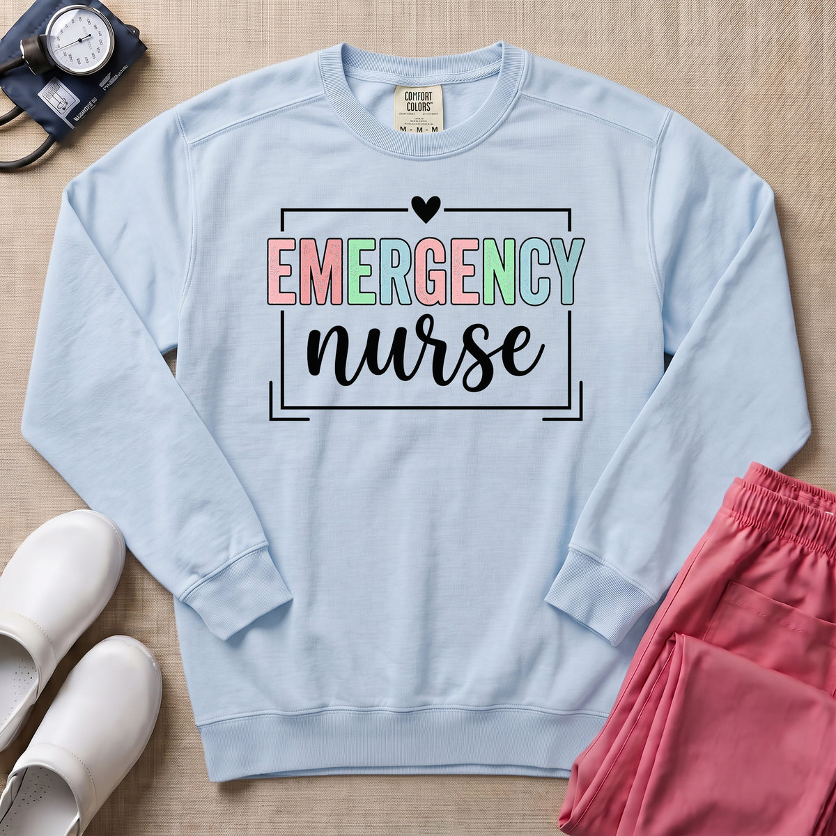 Retro Pastel Emergency Nurse ER Heart Frame Sweatshirt - Chambray Comfort Colors Sweatshirt | HugTee
