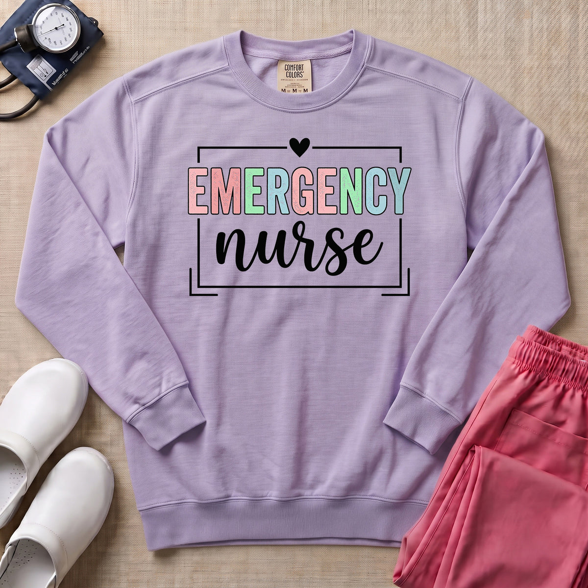 Retro Pastel Emergency Nurse ER Heart Frame Sweatshirt - Orchid Comfort Colors Sweatshirt | HugTee