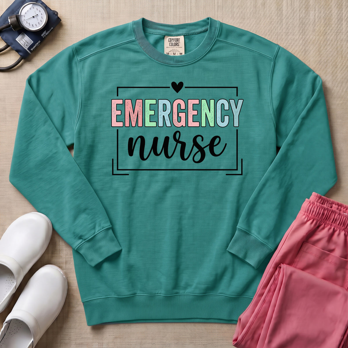 Retro Pastel Emergency Nurse ER Heart Frame Sweatshirt - Seafoam Comfort Colors Sweatshirt | HugTee