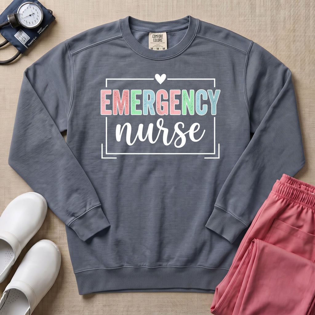 Retro Pastel Emergency Nurse ER Heart Frame Sweatshirt - Blue Jean Comfort Colors Sweatshirt | HugTee