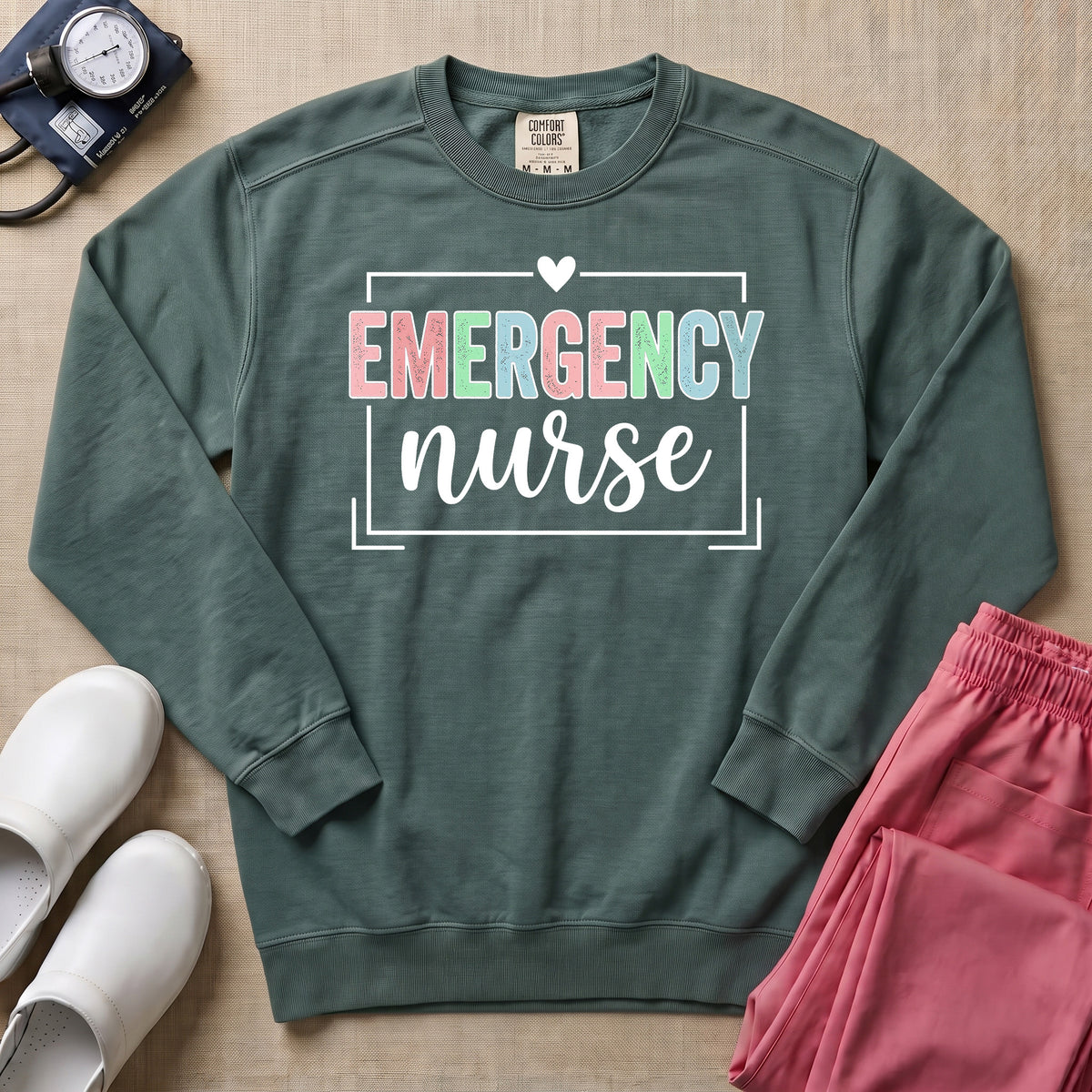 Retro Pastel Emergency Nurse ER Heart Frame Sweatshirt - Blue Spruce Comfort Colors Sweatshirt | HugTee
