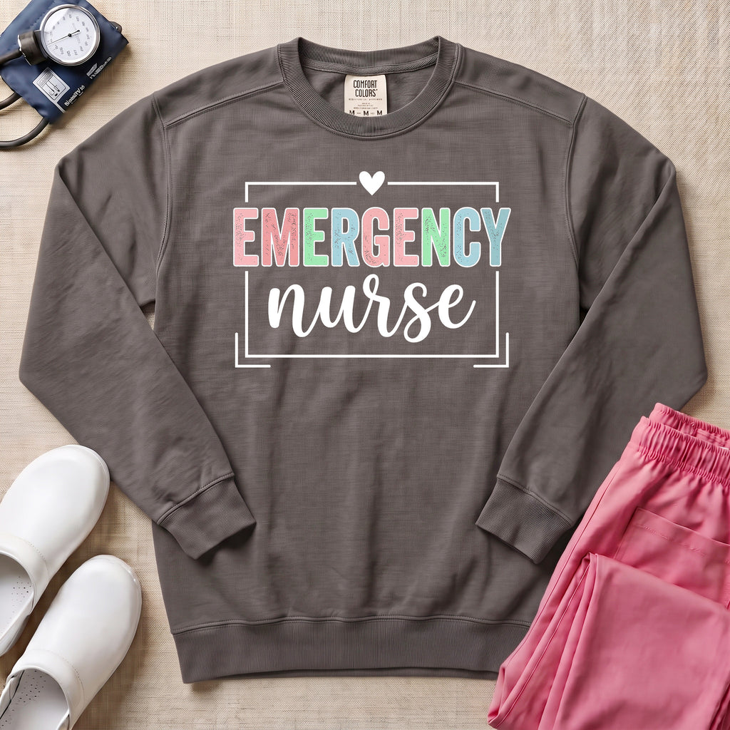 Retro Pastel Emergency Nurse ER Heart Frame Sweatshirt - Pepper Lifestyle Hero Mockup | HugTee