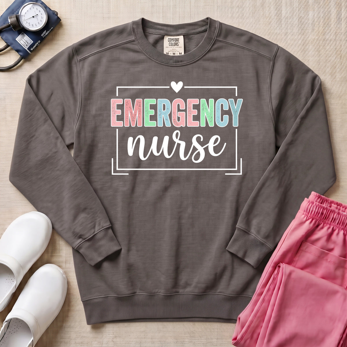 Retro Pastel Emergency Nurse ER Heart Frame Sweatshirt - Pepper Lifestyle Hero Mockup | HugTee