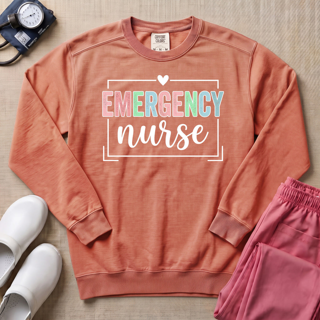 Retro Pastel Emergency Nurse ER Heart Frame Sweatshirt - Terracotta Comfort Colors Sweatshirt | HugTee