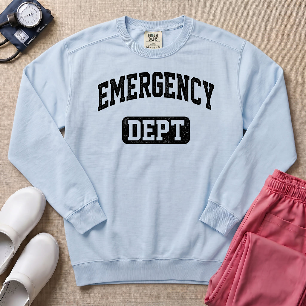 Retro Emergency Dept Collegiate Athletic ER Nurse Sweatshirt - Chambray Comfort Colors Sweatshirt | HugTee