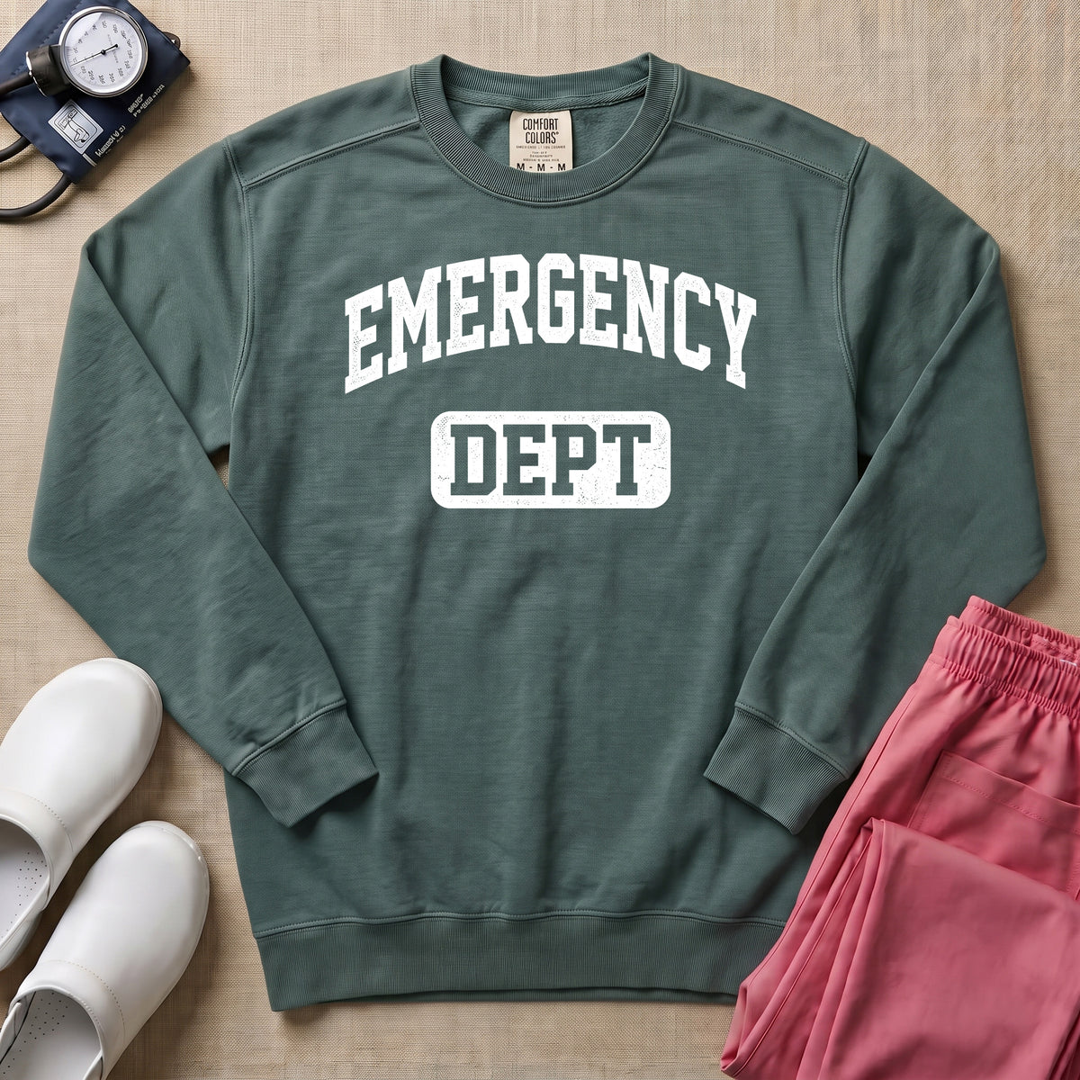 Retro Emergency Dept Collegiate Athletic ER Nurse Sweatshirt - Blue Spruce Comfort Colors Sweatshirt | HugTee