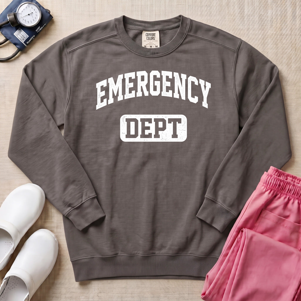 Retro Emergency Dept Collegiate Athletic ER Nurse Sweatshirt - Pepper Lifestyle Hero Mockup | HugTee