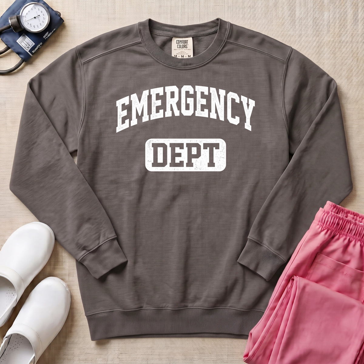 Retro Emergency Dept Collegiate Athletic ER Nurse Sweatshirt - Pepper Lifestyle Hero Mockup | HugTee