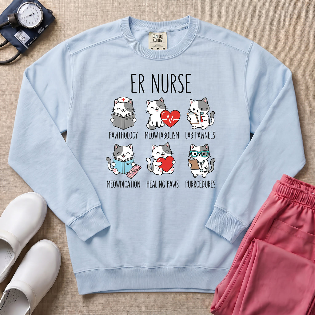 ER Nurse Funny Medical Cat Puns Sweatshirt - Chambray Comfort Colors Sweatshirt | HugTee