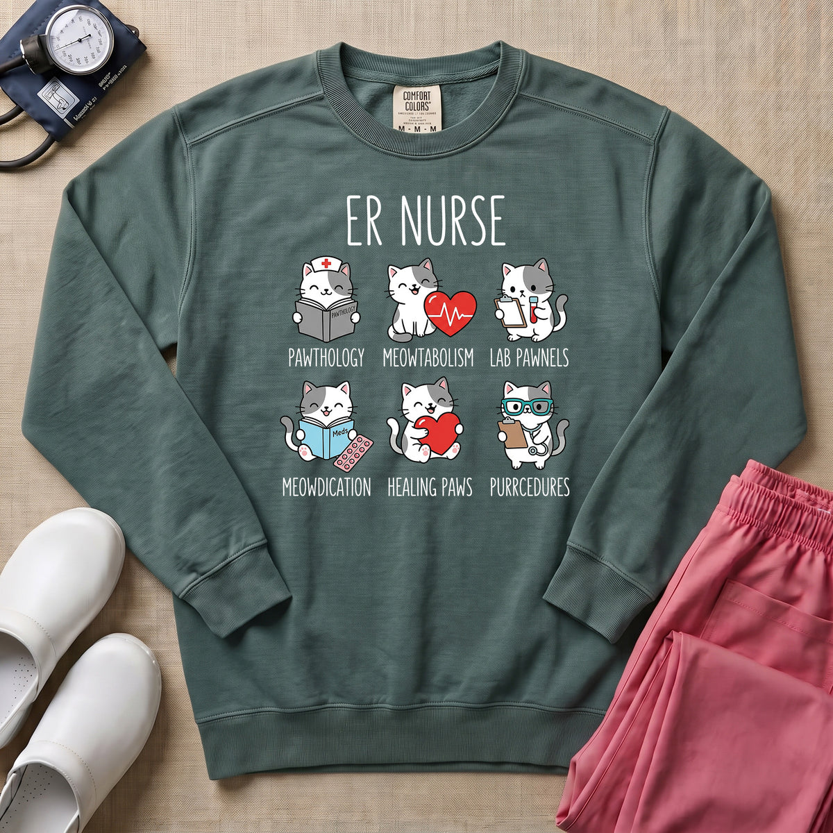 ER Nurse Funny Medical Cat Puns Sweatshirt - Blue Spruce Comfort Colors Sweatshirt | HugTee