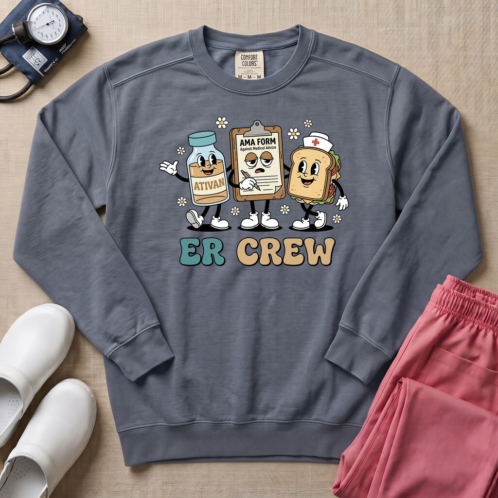 Retro ER Crew Funny Cartoon Emergency Room Nurse Sweatshirt - Blue Jean Comfort Colors Sweatshirt | HugTee