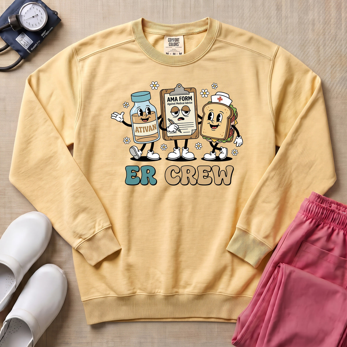 Retro ER Crew Funny Cartoon Emergency Room Nurse Sweatshirt - Butter Comfort Colors Sweatshirt | HugTee