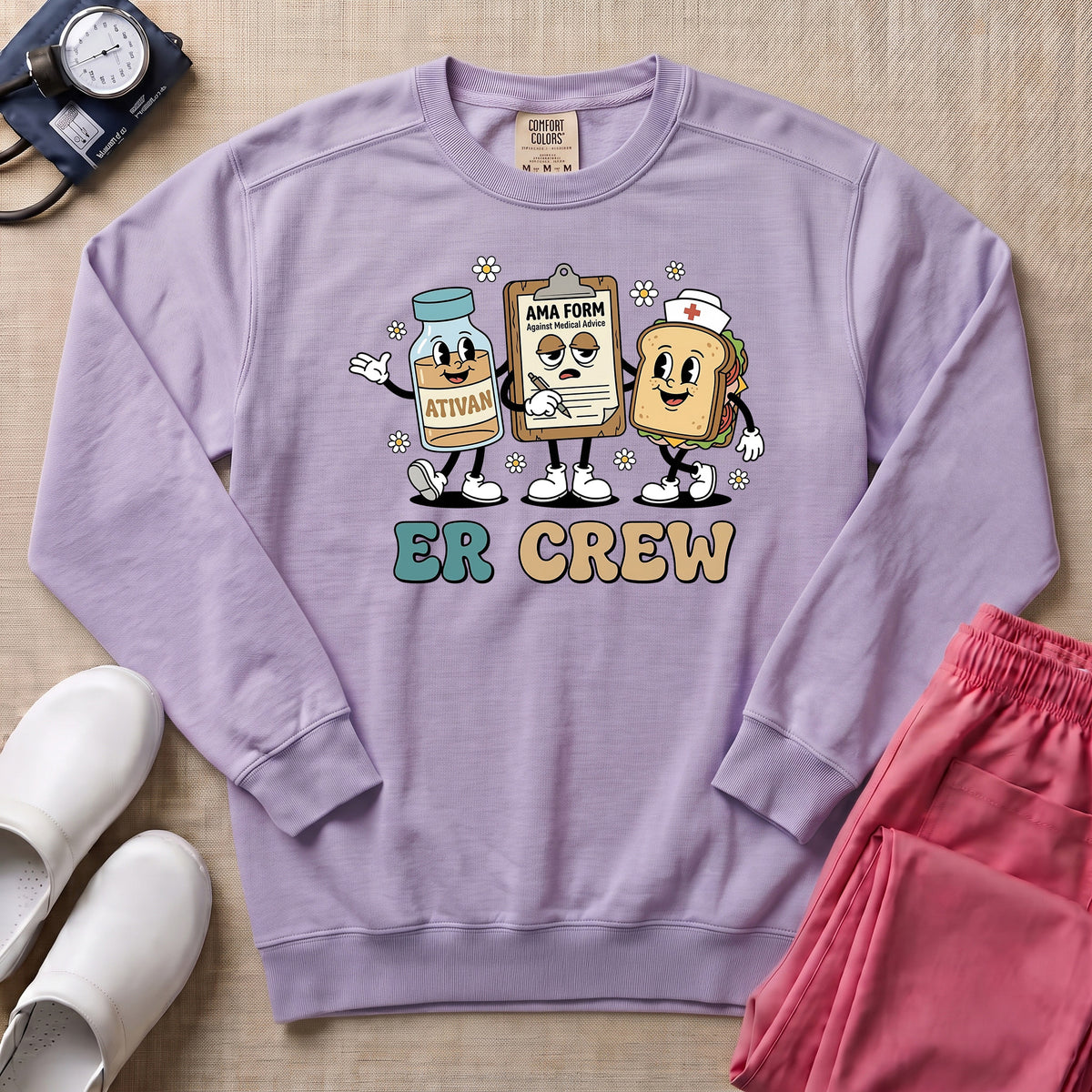 Retro ER Crew Funny Cartoon Emergency Room Nurse Sweatshirt - Orchid Comfort Colors Sweatshirt | HugTee
