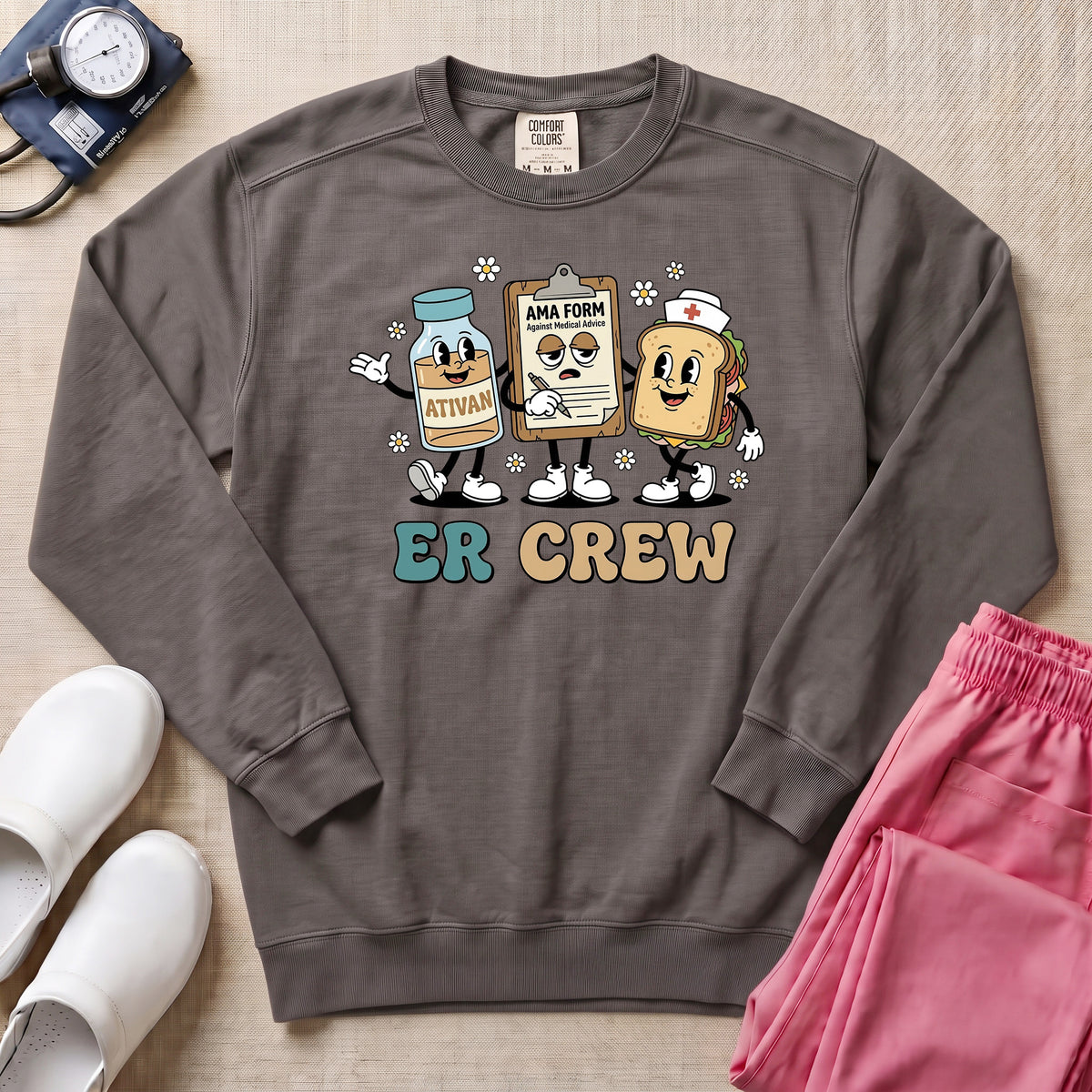 Retro ER Crew Funny Cartoon Emergency Room Nurse Sweatshirt - Pepper Lifestyle Hero Mockup | HugTee