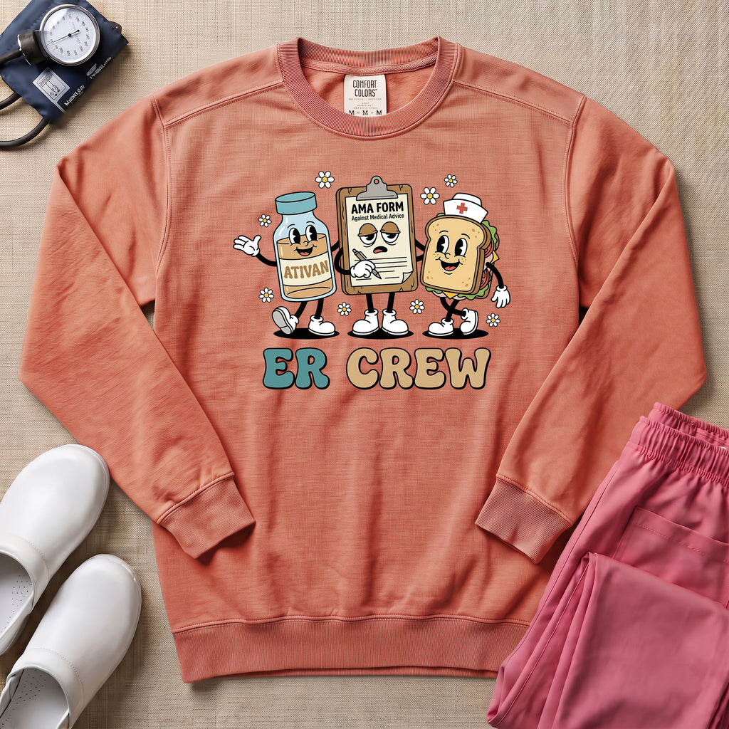 Retro ER Crew Funny Cartoon Emergency Room Nurse Sweatshirt - Terracotta Comfort Colors Sweatshirt | HugTee