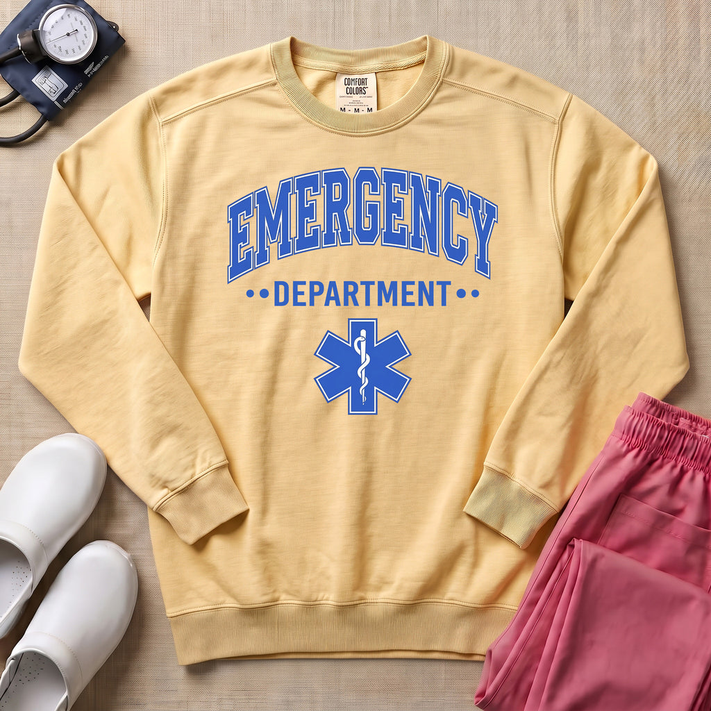 Emergency Department ER Nurse Varsity Star of Life Sweatshirt - Butter Comfort Colors Sweatshirt | HugTee