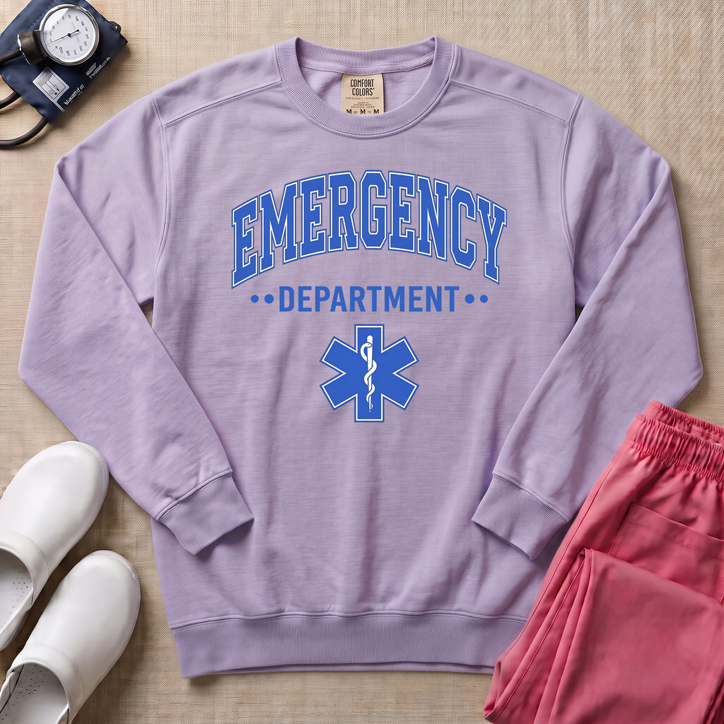 Emergency Department ER Nurse Varsity Star of Life Sweatshirt - Orchid Comfort Colors Sweatshirt | HugTee