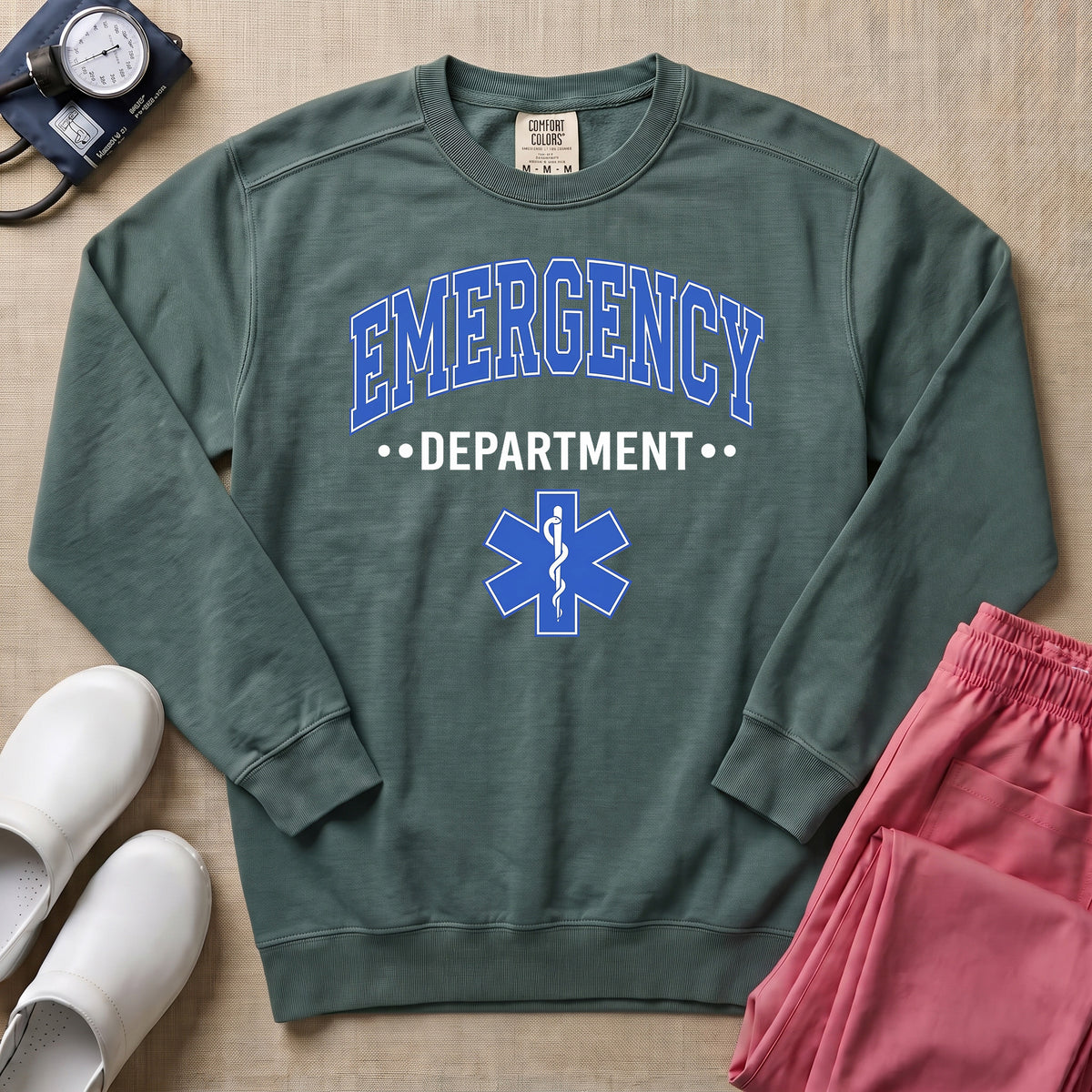 Emergency Department ER Nurse Varsity Star of Life Sweatshirt - Blue Spruce Comfort Colors Sweatshirt | HugTee