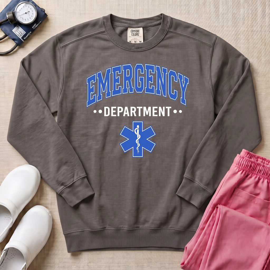 Emergency Department ER Nurse Varsity Star of Life Sweatshirt - Pepper Lifestyle Hero Mockup | HugTee