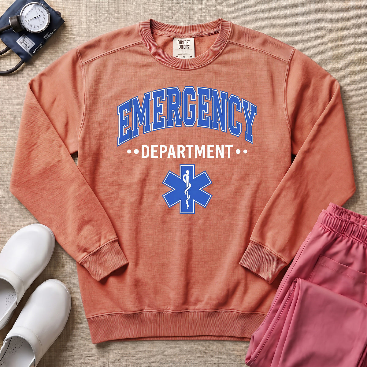 Emergency Department ER Nurse Varsity Star of Life Sweatshirt - Terracotta Comfort Colors Sweatshirt | HugTee