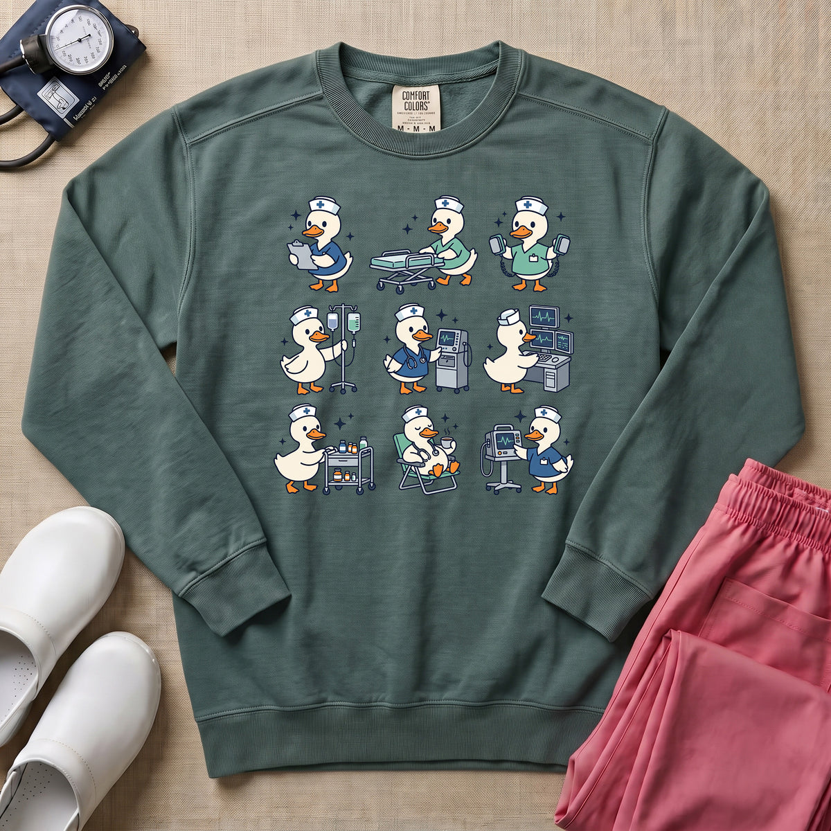 Cute Duck Nurse Hospital Routine Daily Shift Sweatshirt - Blue Spruce Comfort Colors Sweatshirt | HugTee