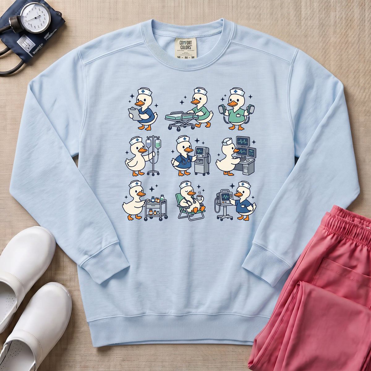 Cute Duck Nurse Hospital Routine Daily Shift Sweatshirt - Chambray Comfort Colors Sweatshirt | HugTee