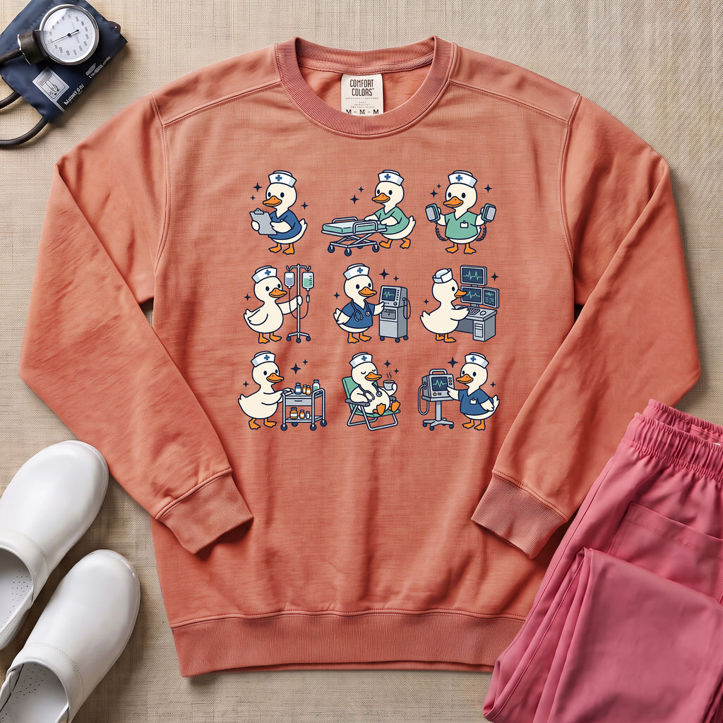 Cute Duck Nurse Hospital Routine Daily Shift Sweatshirt - Terracotta Comfort Colors Sweatshirt | HugTee