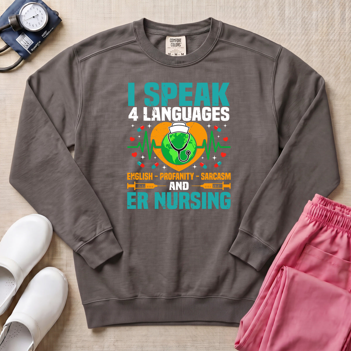 Funny I Speak 4 Languages Sarcastic ER Nurse Sweatshirt - Pepper Lifestyle Hero Mockup | HugTee