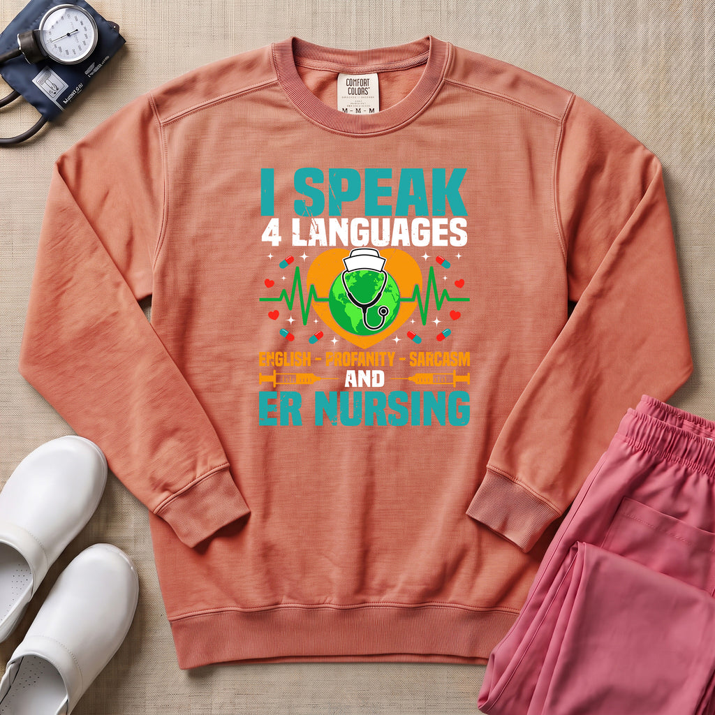 Funny I Speak 4 Languages Sarcastic ER Nurse Sweatshirt - Terracotta Comfort Colors Sweatshirt | HugTee