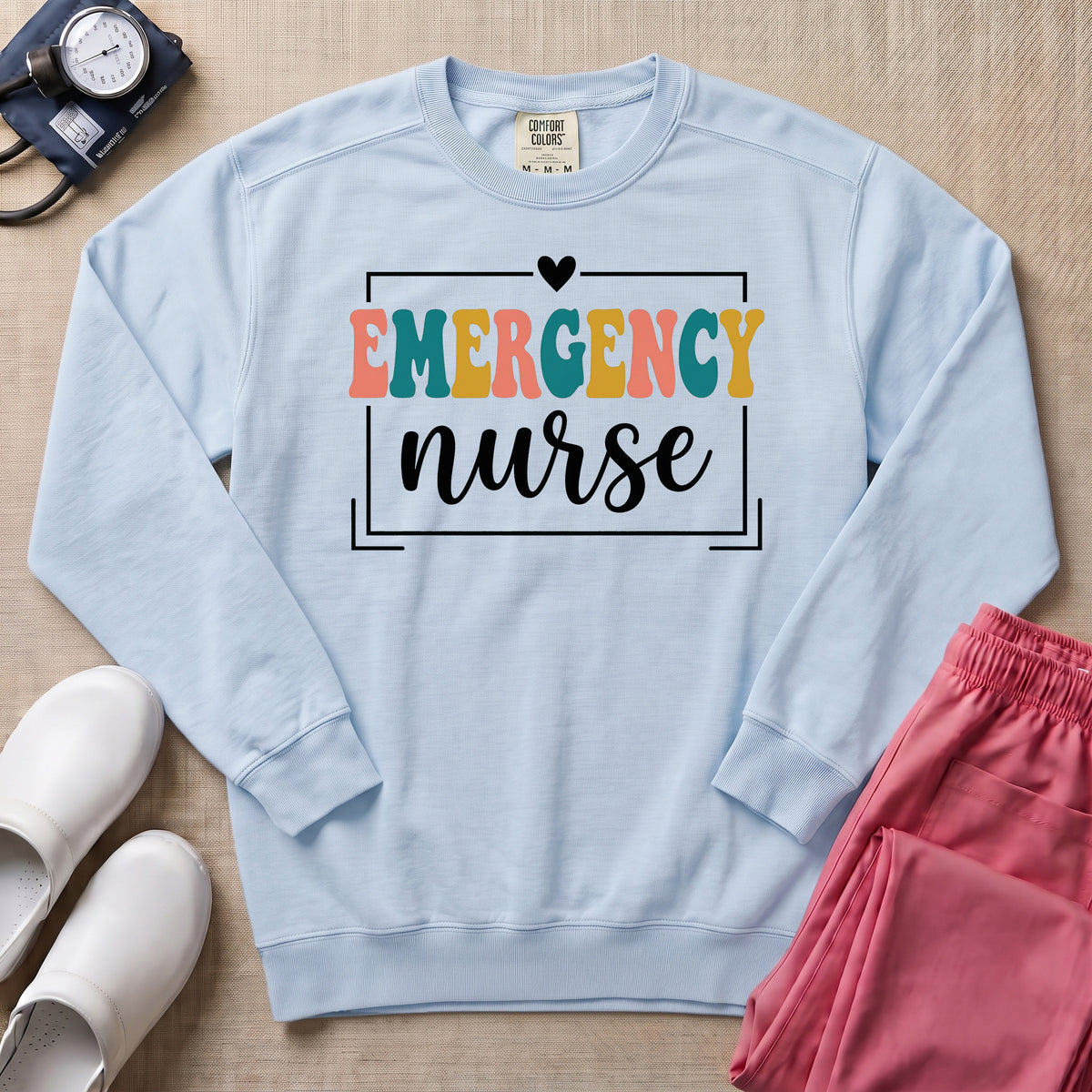 Retro Emergency Nurse Groovy ER Nurse Sweatshirt - Chambray Comfort Colors Sweatshirt | HugTee