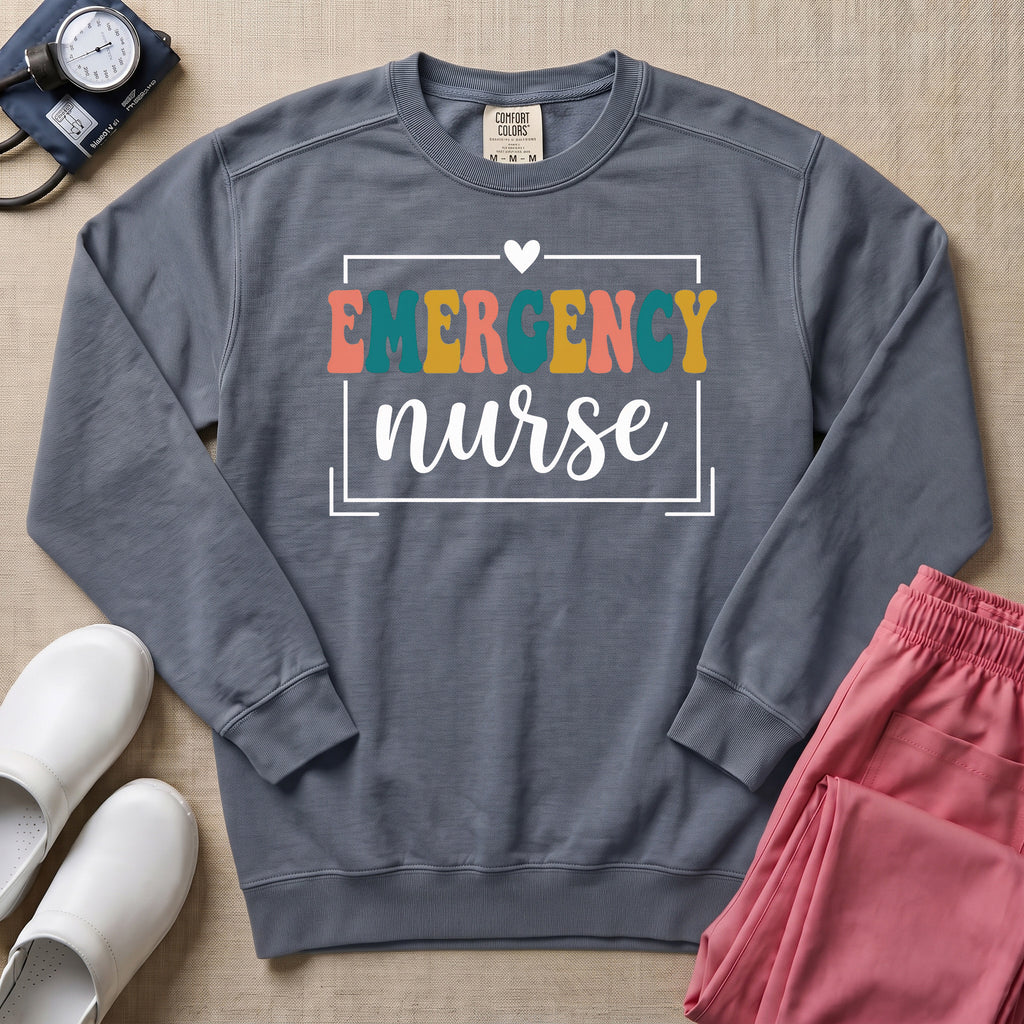 Retro Emergency Nurse Groovy ER Nurse Sweatshirt - Blue Jean Comfort Colors Sweatshirt | HugTee